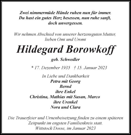 Traueranzeige von Hildegard Borowkoff von Märkischen Allgemeine Zeitung