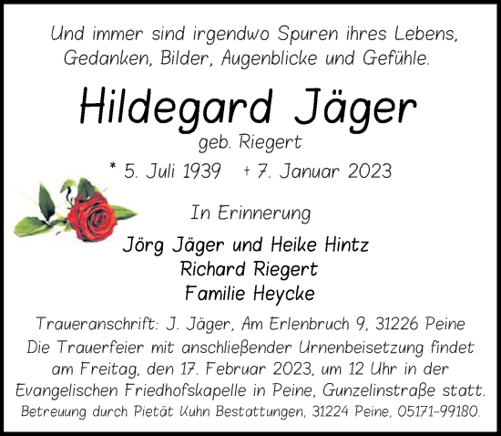 Traueranzeige von Hildegard Jäger von Peiner Allgemeine Zeitung