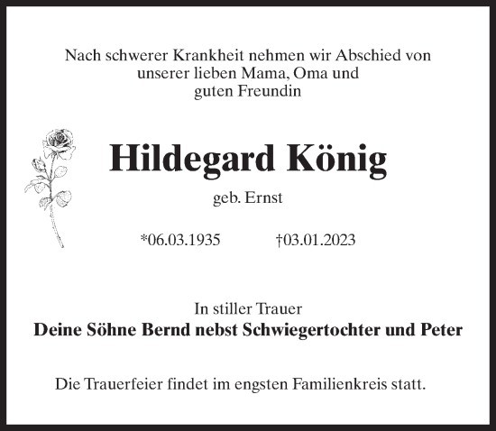 Traueranzeige von Hildegard König von Märkischen Allgemeine Zeitung
