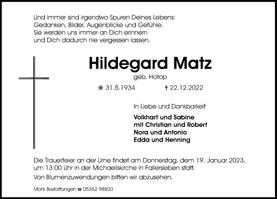 Traueranzeige von Hildegard Matz von Aller Zeitung