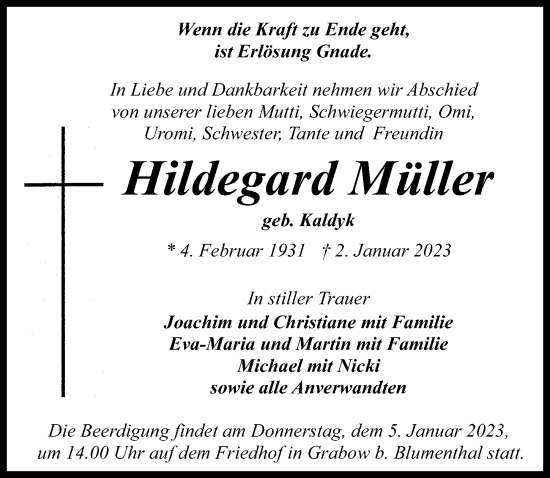 Traueranzeige von Hildegard Müller von Märkischen Allgemeine Zeitung