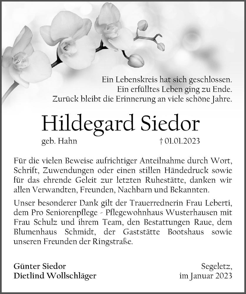  Traueranzeige für Hildegard Siedor vom 28.01.2023 aus Märkischen Allgemeine Zeitung