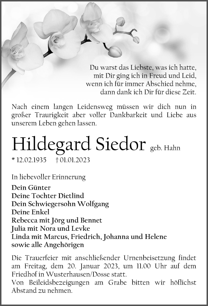 Traueranzeige für Hildegard Siedor vom 07.01.2023 aus Märkischen Allgemeine Zeitung