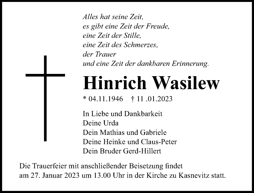  Traueranzeige für Hinrich Wasilew vom 21.01.2023 aus Ostsee-Zeitung GmbH