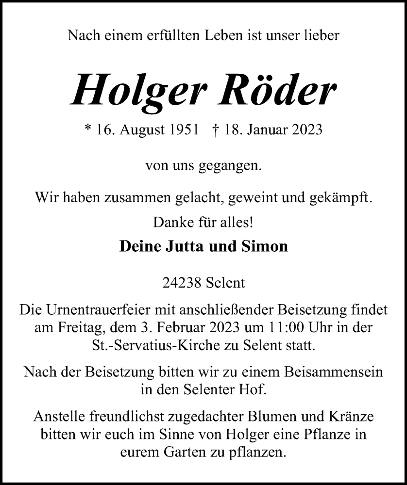  Traueranzeige für Holger Röder vom 28.01.2023 aus Kieler Nachrichten
