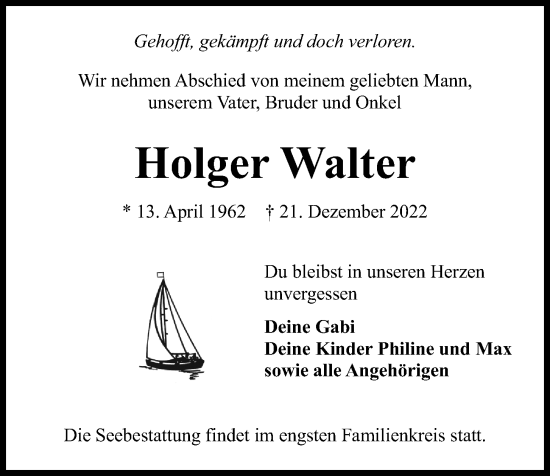 Traueranzeige von Holger Walter von Kieler Nachrichten