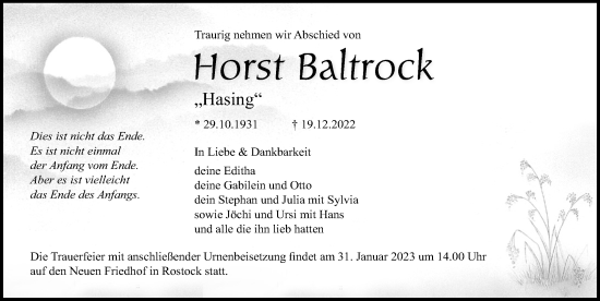 Traueranzeige von Horst Baltrock von Ostsee-Zeitung GmbH