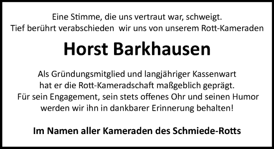 Traueranzeige von Horst Barkhausen von Schaumburger Nachrichten
