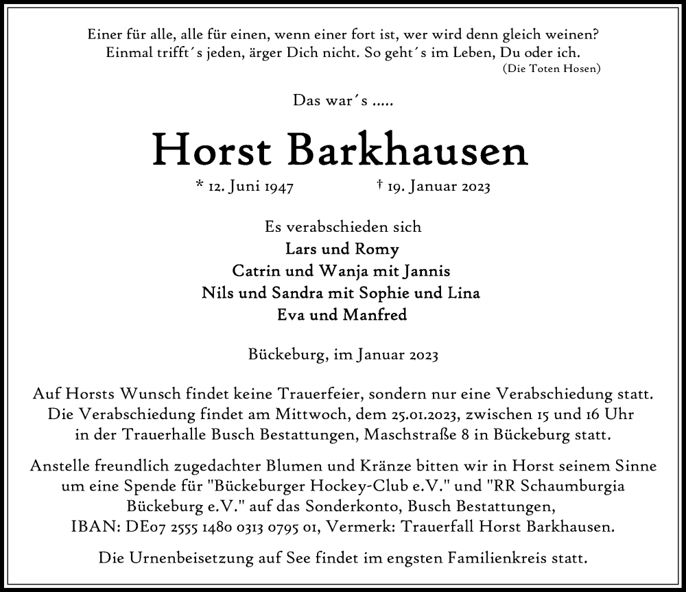  Traueranzeige für Horst Barkhausen vom 24.01.2023 aus Schaumburger Nachrichten