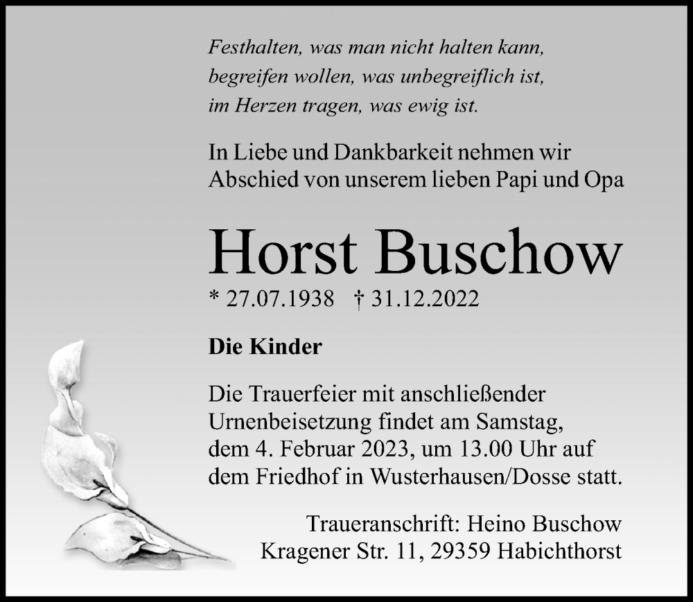 Traueranzeige für Horst Buschow vom 21.01.2023 aus Märkischen Allgemeine Zeitung