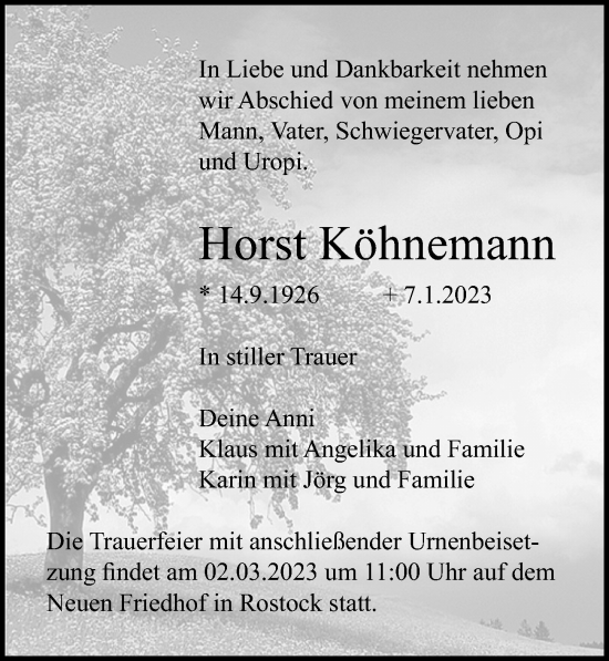 Traueranzeige von Horst Köhnemann von Ostsee-Zeitung GmbH