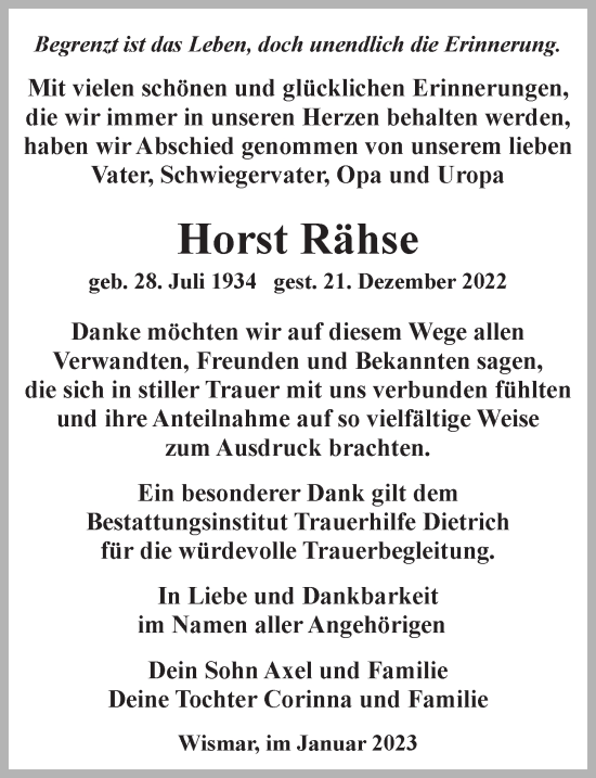 Traueranzeige von Horst Rähse von Ostsee-Zeitung GmbH