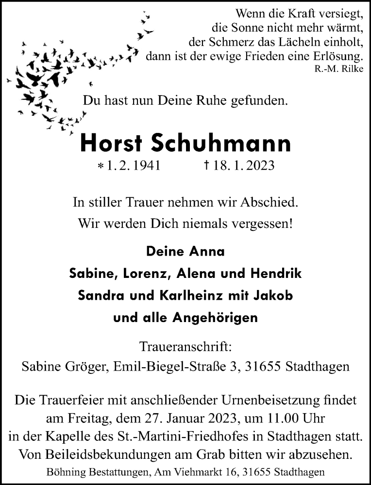  Traueranzeige für Horst Schuhmann vom 21.01.2023 aus Schaumburger Nachrichten