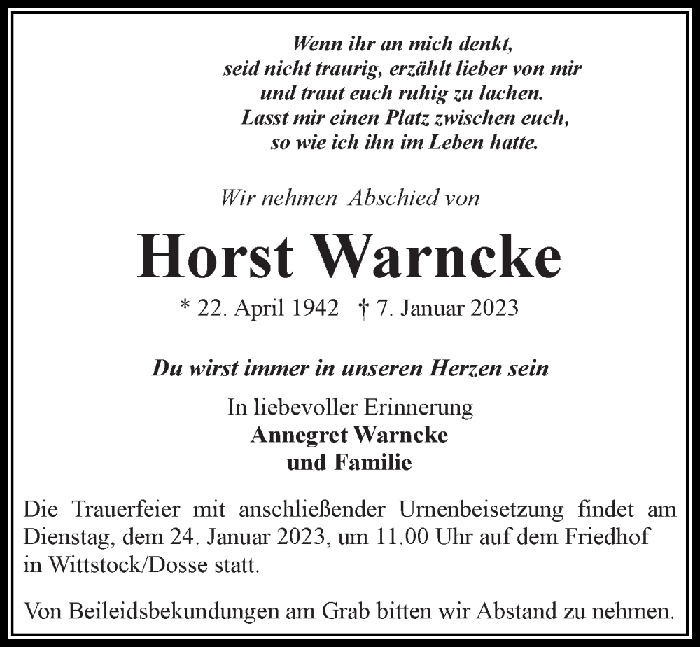  Traueranzeige für Horst Warncke vom 14.01.2023 aus Märkischen Allgemeine Zeitung
