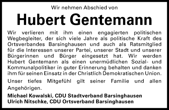 Traueranzeige von Hubert Gentemann von Hannoversche Allgemeine Zeitung/Neue Presse