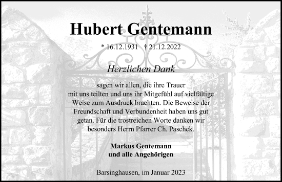 Traueranzeige von Hubert Gentemann von Hannoversche Allgemeine Zeitung/Neue Presse