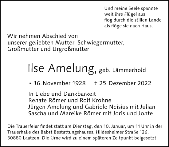 Traueranzeige von Ilse Amelung von Hannoversche Allgemeine Zeitung/Neue Presse