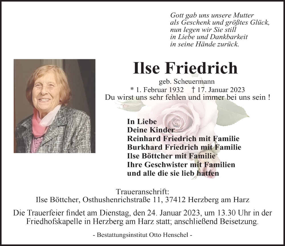  Traueranzeige für Ilse Friedrich vom 21.01.2023 aus Eichsfelder Tageblatt