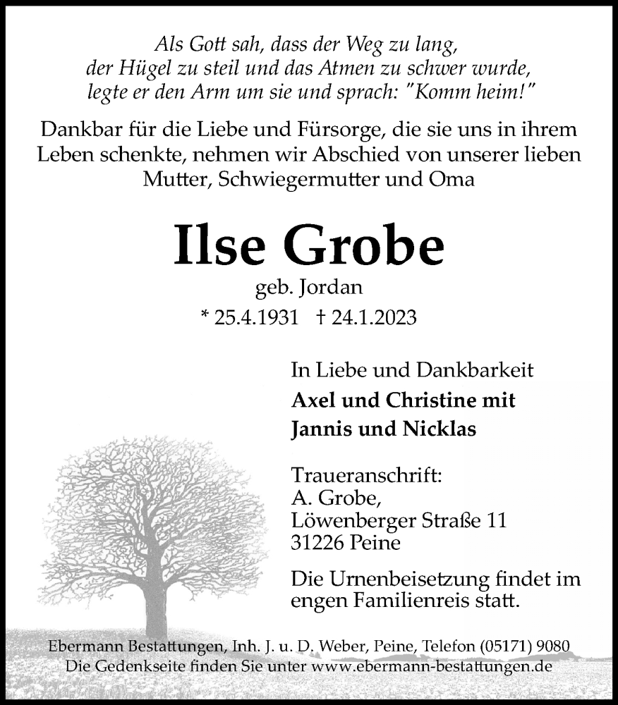  Traueranzeige für Ilse Grobe vom 28.01.2023 aus Peiner Allgemeine Zeitung