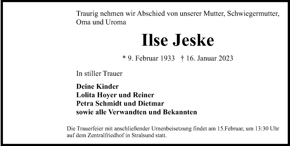  Traueranzeige für Ilse Jeske vom 21.01.2023 aus Ostsee-Zeitung GmbH