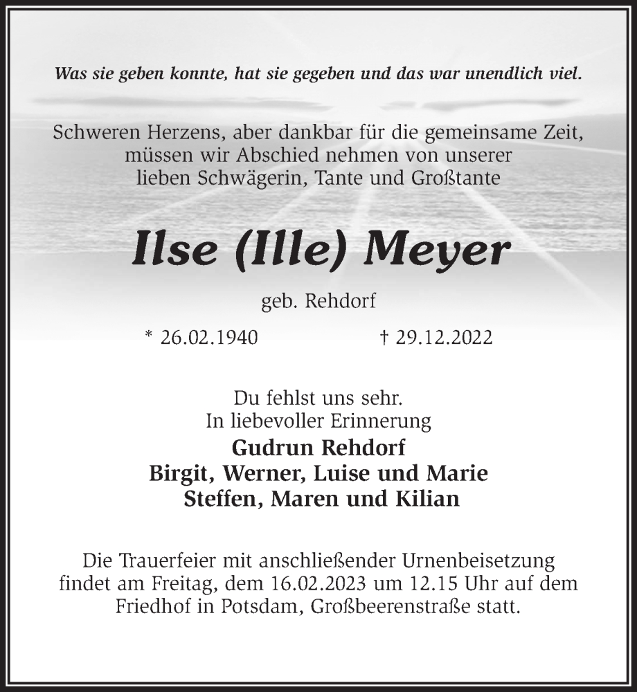  Traueranzeige für Ilse  Meyer vom 21.01.2023 aus Märkischen Allgemeine Zeitung
