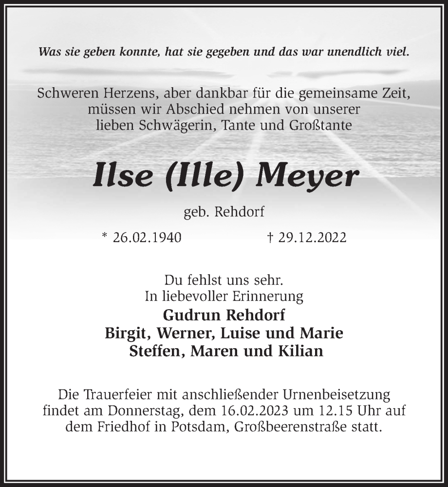  Traueranzeige für Ilse  Meyer vom 28.01.2023 aus Märkischen Allgemeine Zeitung