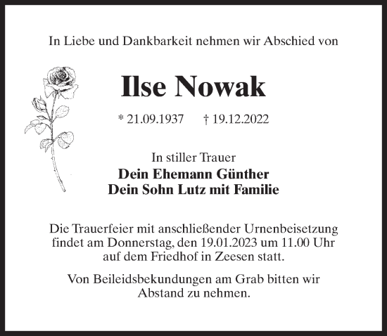 Traueranzeige von Ilse Nowak von Märkischen Allgemeine Zeitung