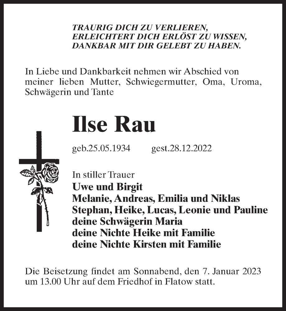  Traueranzeige für Ilse Rau vom 04.01.2023 aus Märkischen Allgemeine Zeitung