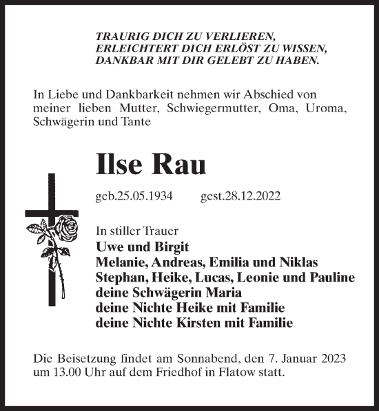 Traueranzeige von Ilse Rau von Märkischen Allgemeine Zeitung