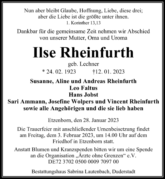 Traueranzeige von Ilse Rheinfurth von Eichsfelder Tageblatt