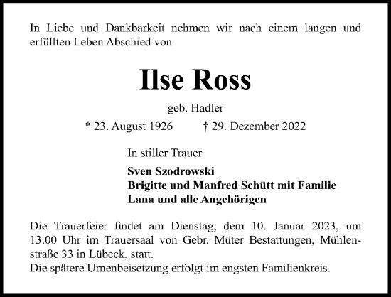 Traueranzeige von Ilse Ross von Lübecker Nachrichten