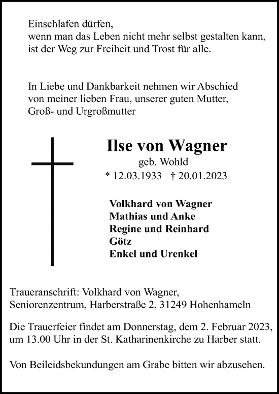 Traueranzeige von Ilse von Wagner von Peiner Allgemeine Zeitung