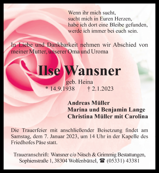 Traueranzeige von Ilse Wansner von Aller Zeitung