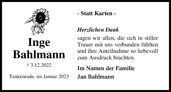 Traueranzeige von Inge Bahlmann von Lübecker Nachrichten