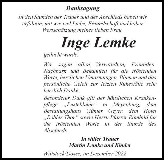 Traueranzeige von Inge Lemke von Märkischen Allgemeine Zeitung