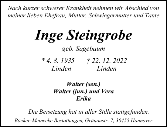 Traueranzeige von Inge Steingrobe von Hannoversche Allgemeine Zeitung/Neue Presse