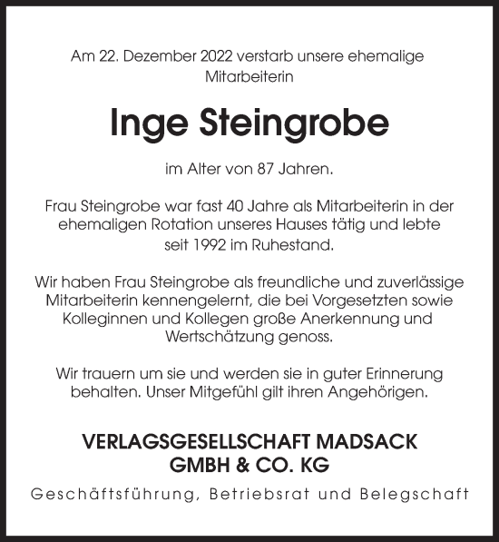 Traueranzeige von Inge Steingrobe von Hannoversche Allgemeine Zeitung/Neue Presse