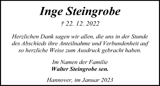 Traueranzeige von Inge Steingrobe von Hannoversche Allgemeine Zeitung/Neue Presse