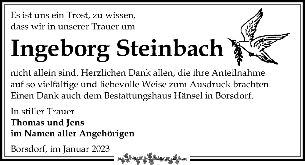 Traueranzeigen Von Ingeborg Steinbach | Trauer-anzeigen.de