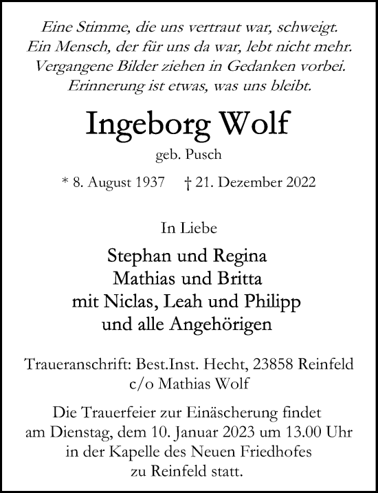 Traueranzeige von Ingeborg Wolf von Lübecker Nachrichten