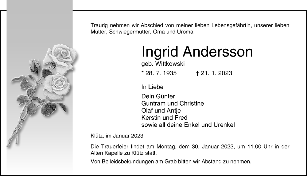  Traueranzeige für Ingrid Andersson vom 25.01.2023 aus Ostsee-Zeitung GmbH