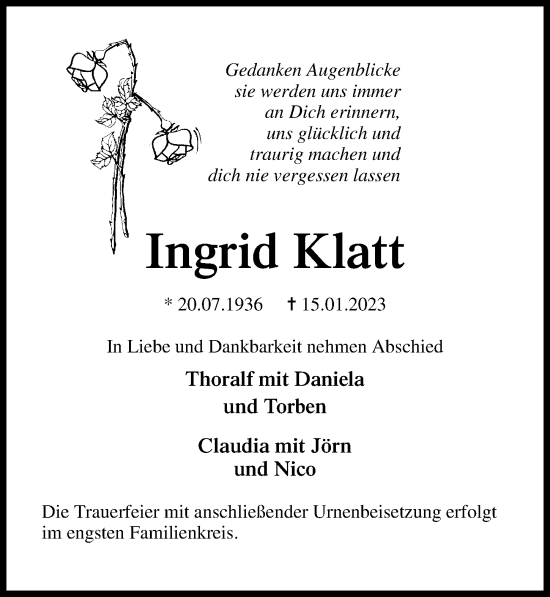 Traueranzeige von Ingrid Klatt von Ostsee-Zeitung GmbH
