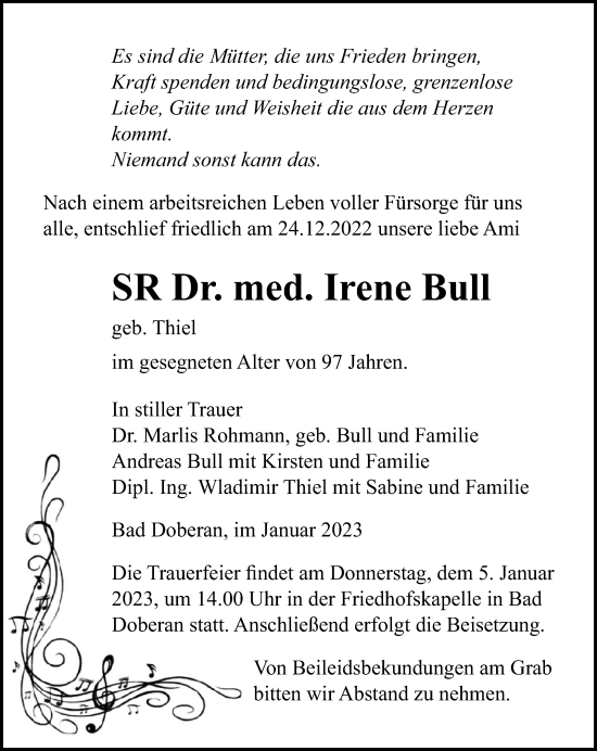 Traueranzeige von Irene Bull von Ostsee-Zeitung GmbH