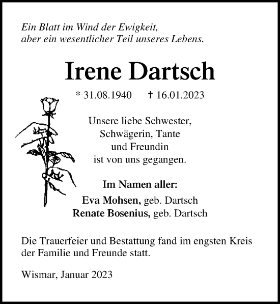 Traueranzeige von Irene Dartsch von Ostsee-Zeitung GmbH