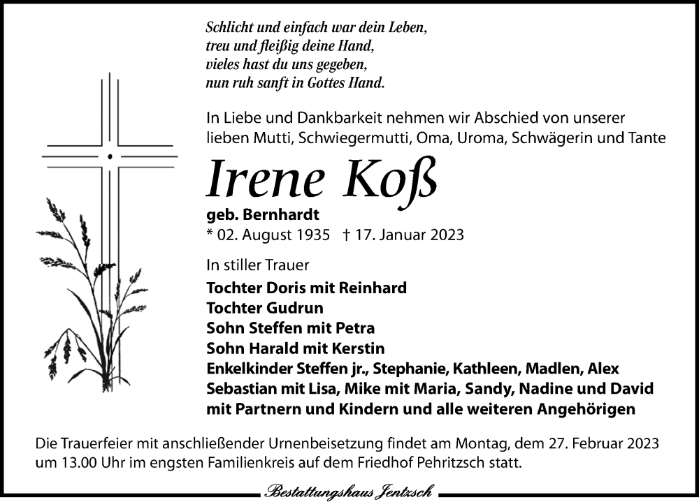  Traueranzeige für Irene Koß vom 21.01.2023 aus Leipziger Volkszeitung