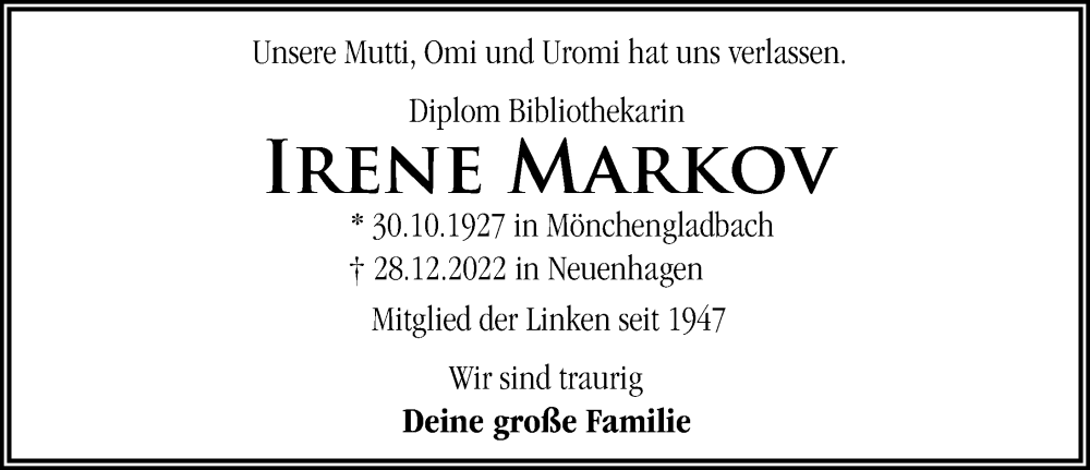  Traueranzeige für Irene Markov vom 07.01.2023 aus Leipziger Volkszeitung