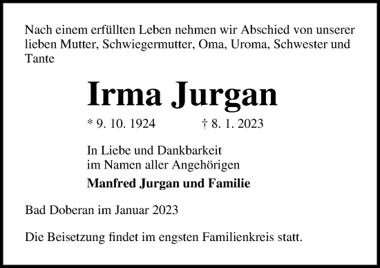 Traueranzeige von Irma Jurgan von Ostsee-Zeitung GmbH