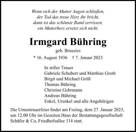 Traueranzeige von Irmgard Bühring von Lübecker Nachrichten