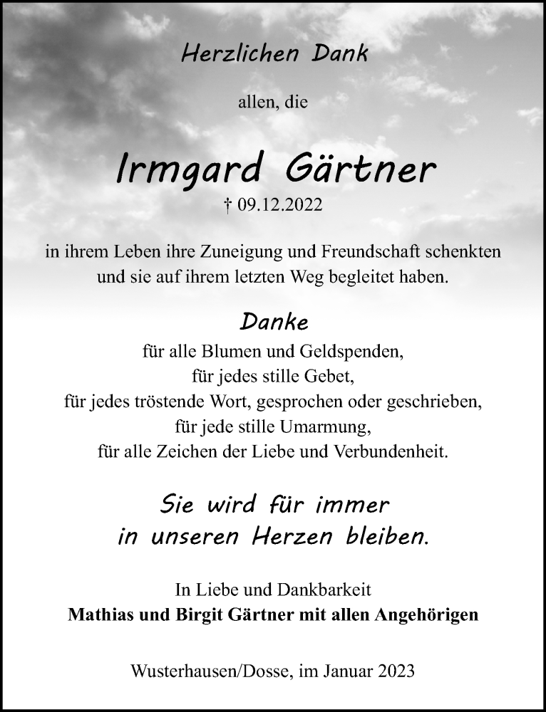  Traueranzeige für Irmgard Gärtner vom 07.01.2023 aus Märkischen Allgemeine Zeitung