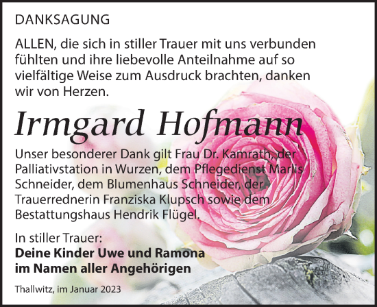 Traueranzeige von Irmgard Hofmann von Leipziger Volkszeitung